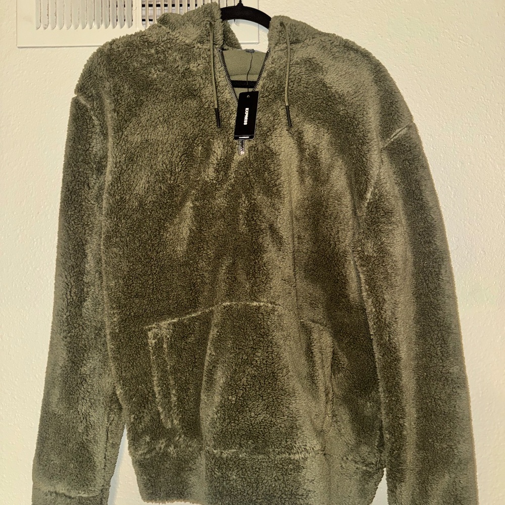 Express Men’s Olive Sherpa Hoodie Quarter Zip | Medium Tall | NWT | Cozy & Warm